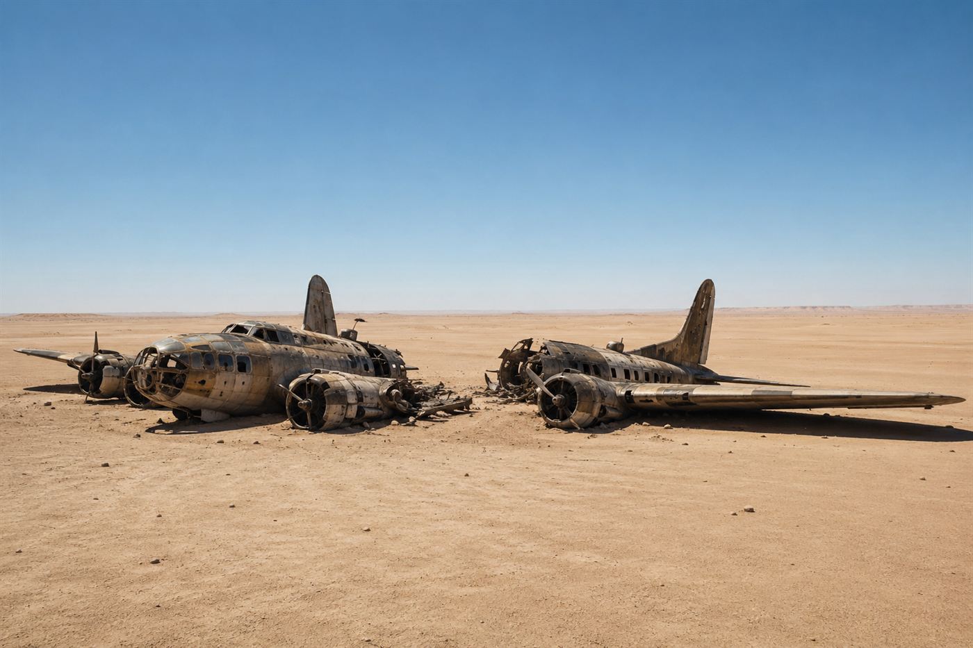 The broken but well-preserved wreck of the Lady Be Good B-24 bomber resting on the empty sand of the Libyan Sahara under a clear sky