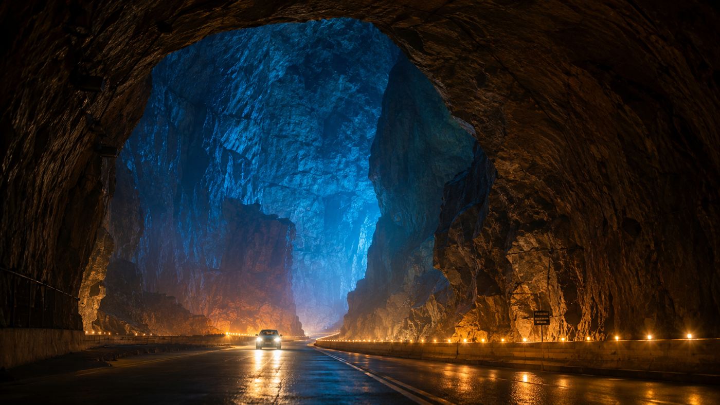 The interior of the Laerdal Tunnel opening into a large cavern bathed in blue and gold light deep inside a Norwegian mountain