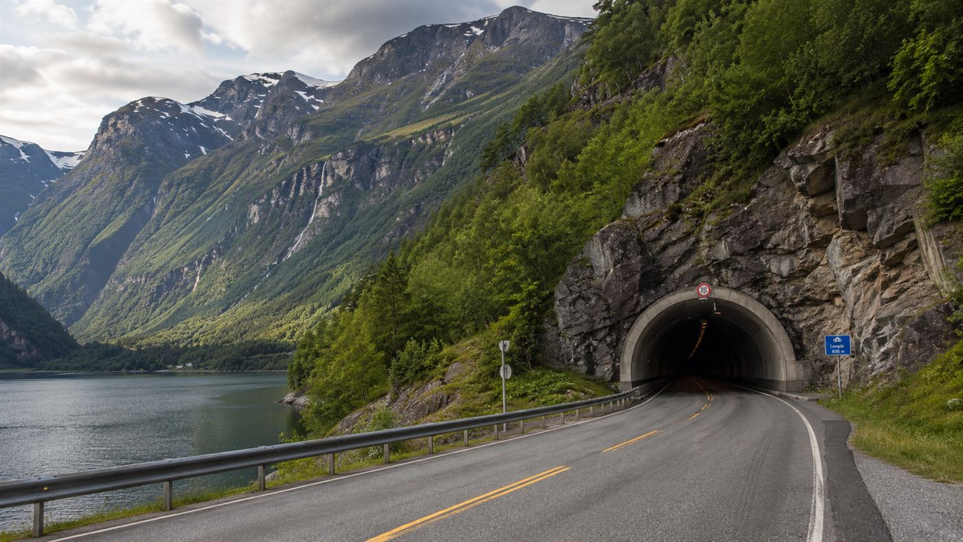 The portal of the Laerdal Tunnel set in a steep green Norwegian fjord landscape with mountains above