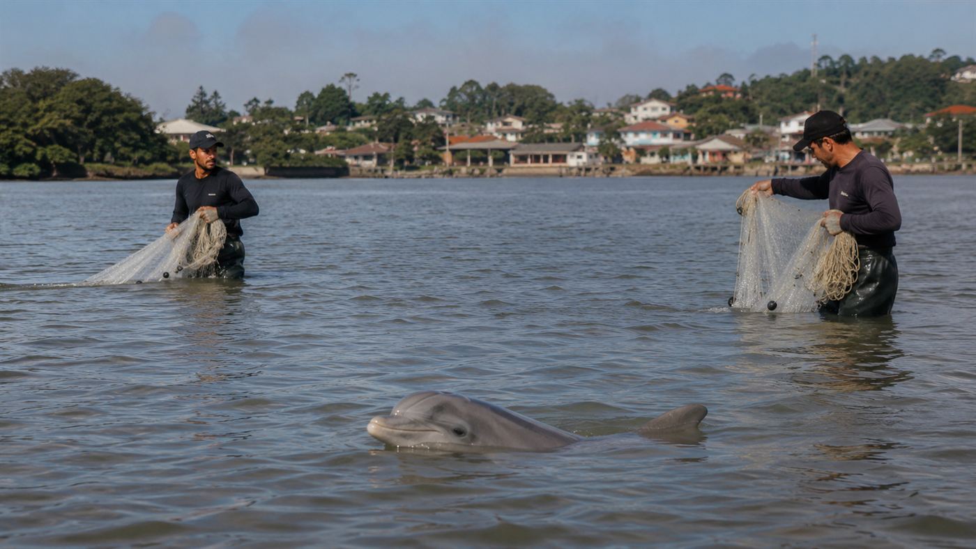 A wild bottlenose dolphin surfacing near fishermen with cast nets in the lagoon at Laguna, Brazil