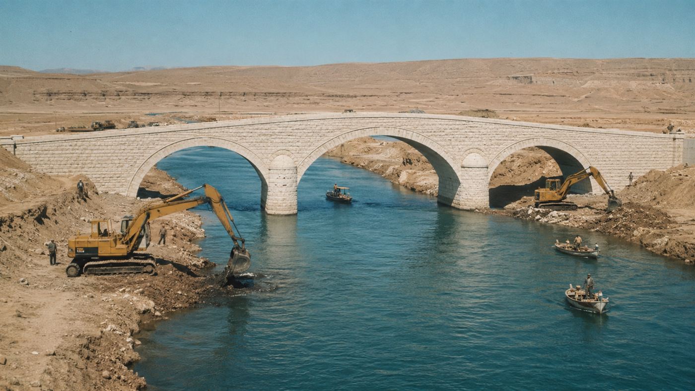 A dredged water channel being dug beneath a rebuilt stone arch bridge in the desert, with boats on blue water nearby