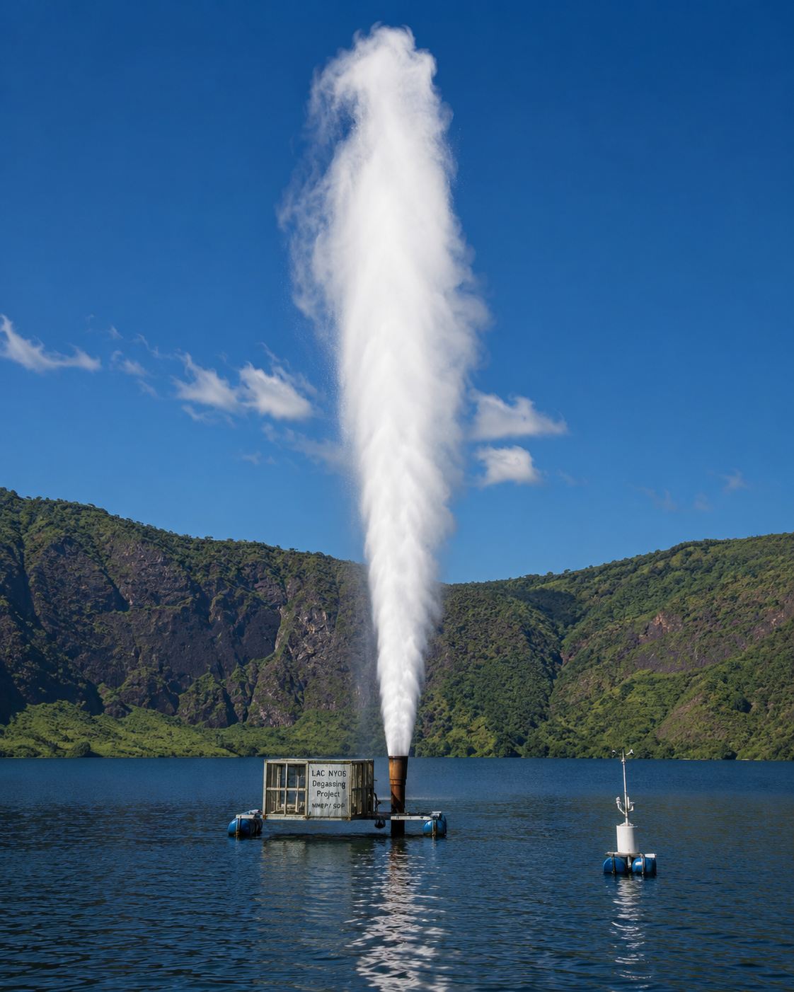 Lake Nyos degassing pipe plume, white fountain of water and carbon dioxide shooting upward from the surface of a calm blue crater lake in Cameroon