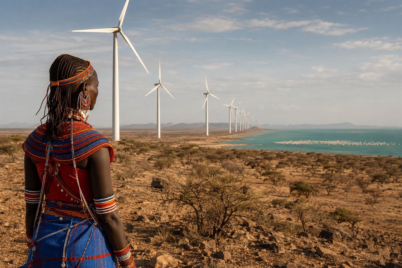 A Rendille pastoralist woman stands before rows of white wind turbines on the arid Lake Turkana plains in northern Kenya