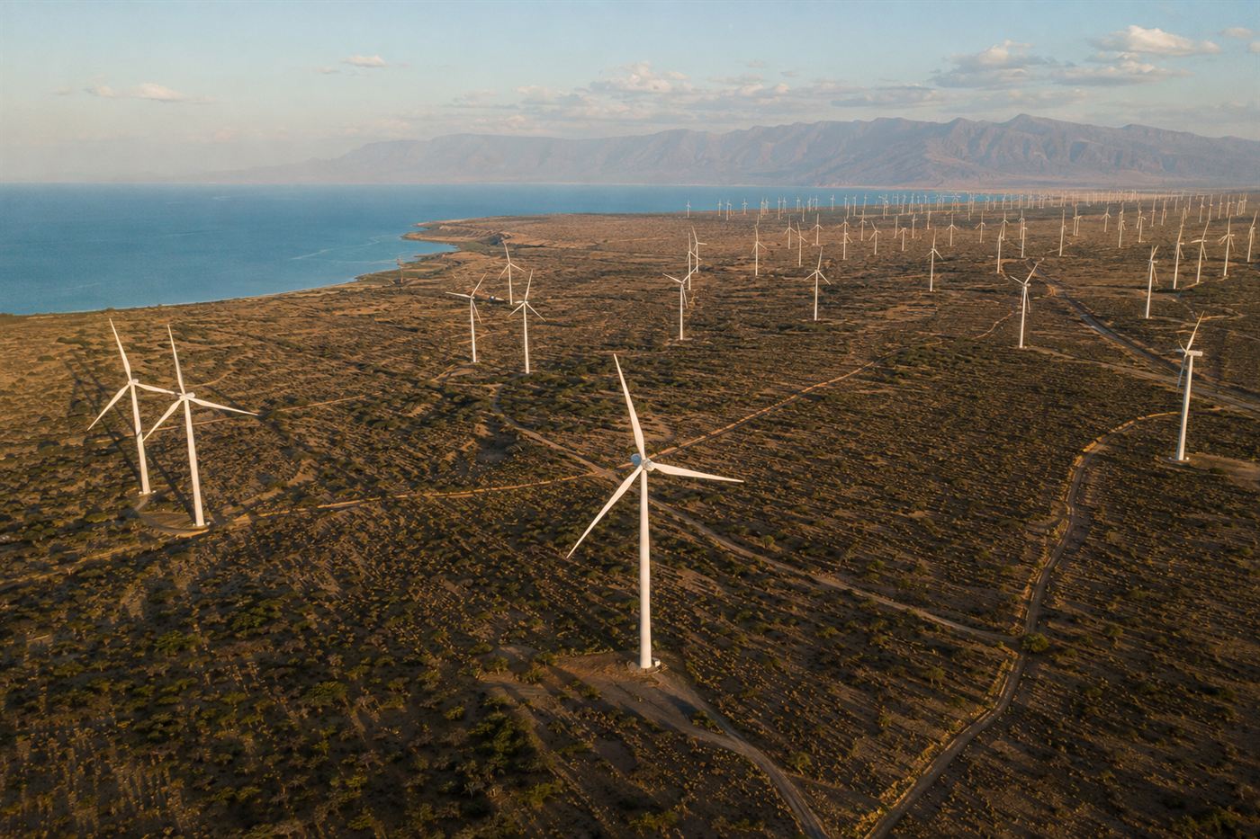 Aerial view of hundreds of white wind turbines spread across the arid plains of Marsabit County near the shore of Lake Turkana in northern Kenya, the turquoise lake visible in the distance