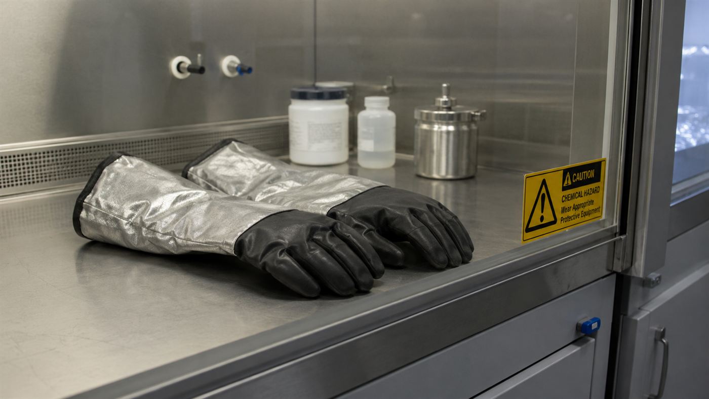 Heavy laminated chemical-resistant safety gloves resting beside a warning label inside a laboratory fume hood