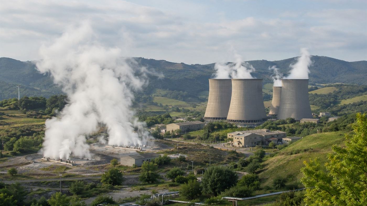 The Larderello geothermal field in Tuscany, white steam rising from vents and cooling towers among green hills