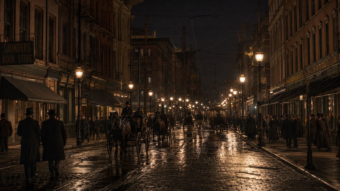 An 1880s city street lit by new electric lamps, the kind of work Lewis Latimer supervised