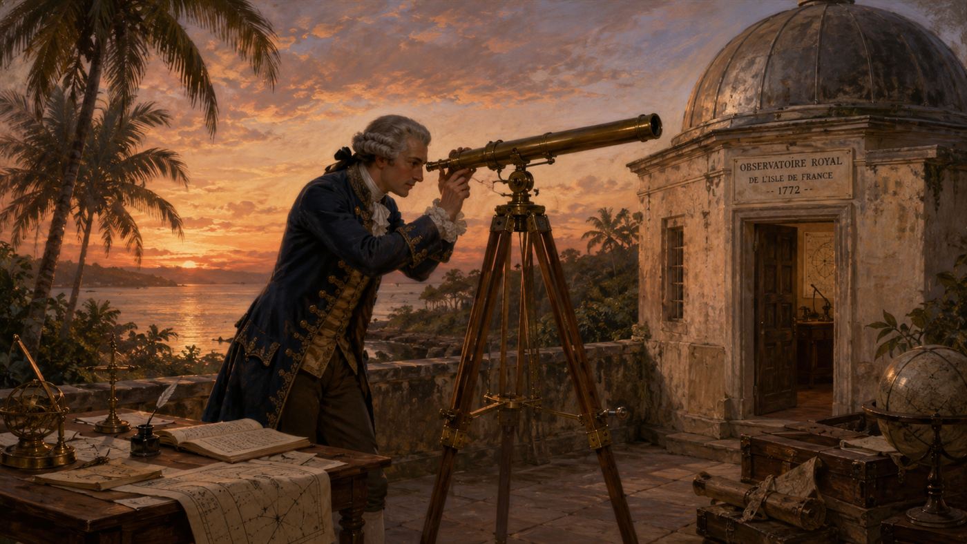 Le Gentil, an 18th-century French astronomer, at a brass telescope beside a colonial observatory under a clear sky