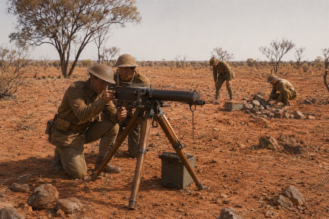 Lewis gun tripod-mounted machine gun in dry Australian scrubland, soldiers setting up position for emu cull operation Western Australia 1932