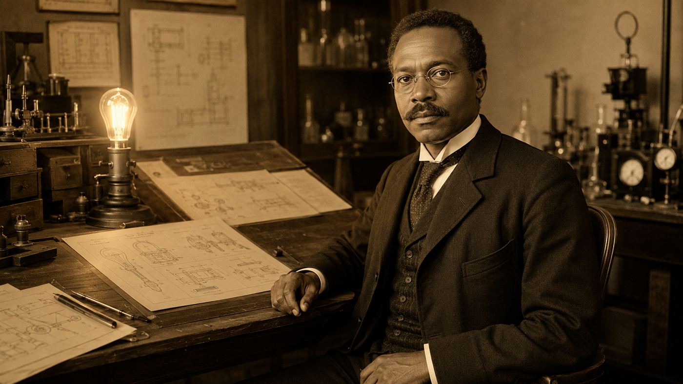 A period portrait of Lewis Latimer at a draftsman's table with an early light bulb