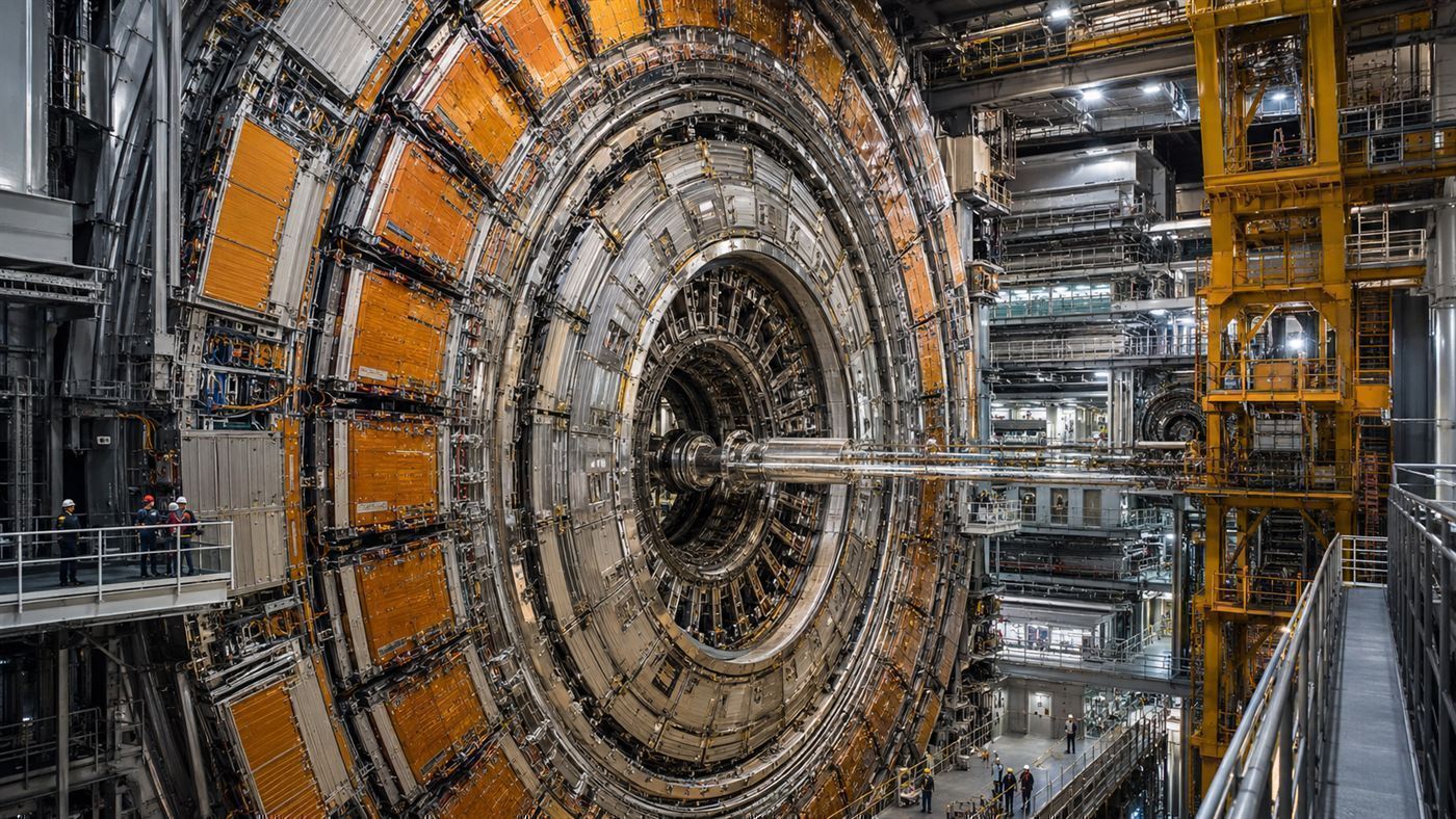 A vast cylindrical particle detector at the collider, many storeys tall, with engineers dwarfed beside its layered machinery
