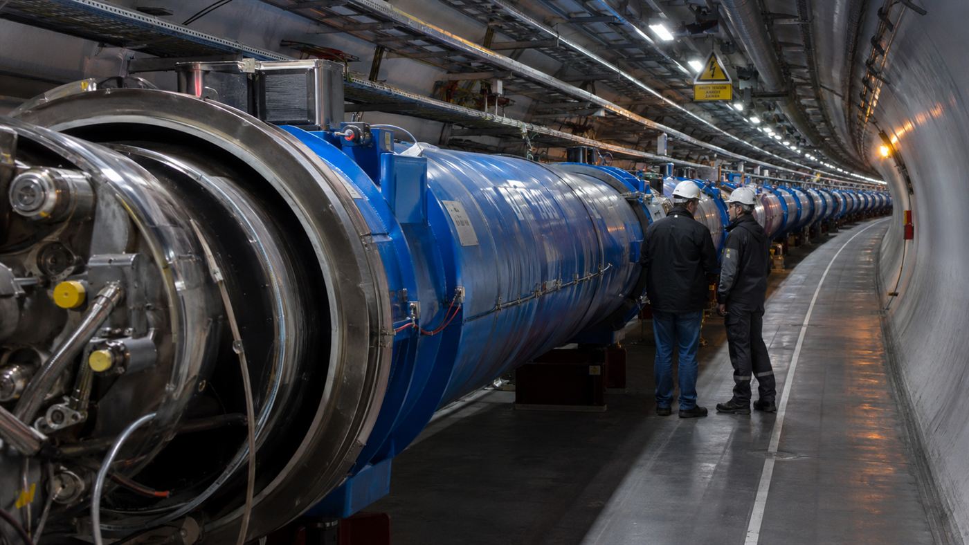 Engineers standing beside the enormous blue cylindrical magnets in the curving underground tunnel of the collider