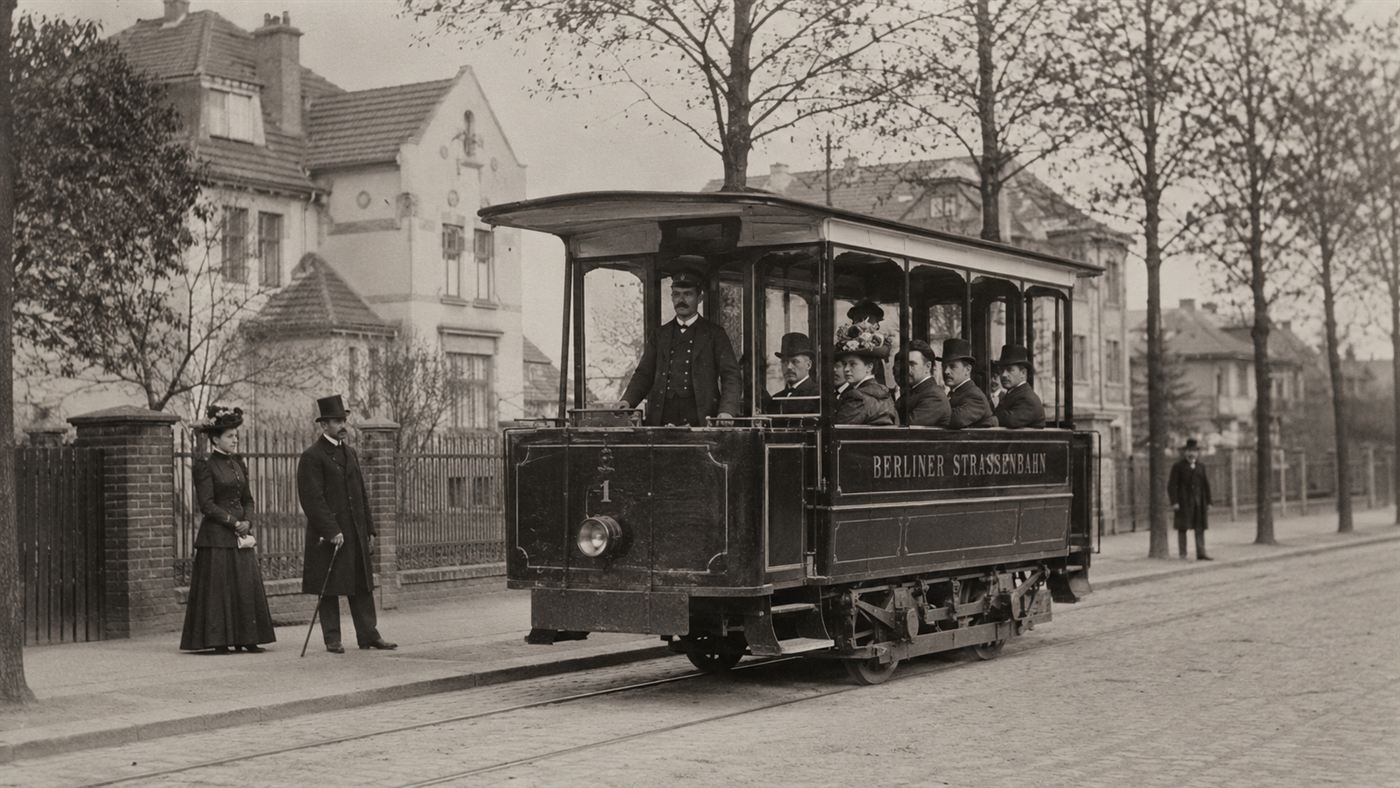 An 1881 electric tram carrying passengers along a Berlin suburban street in Lichterfelde