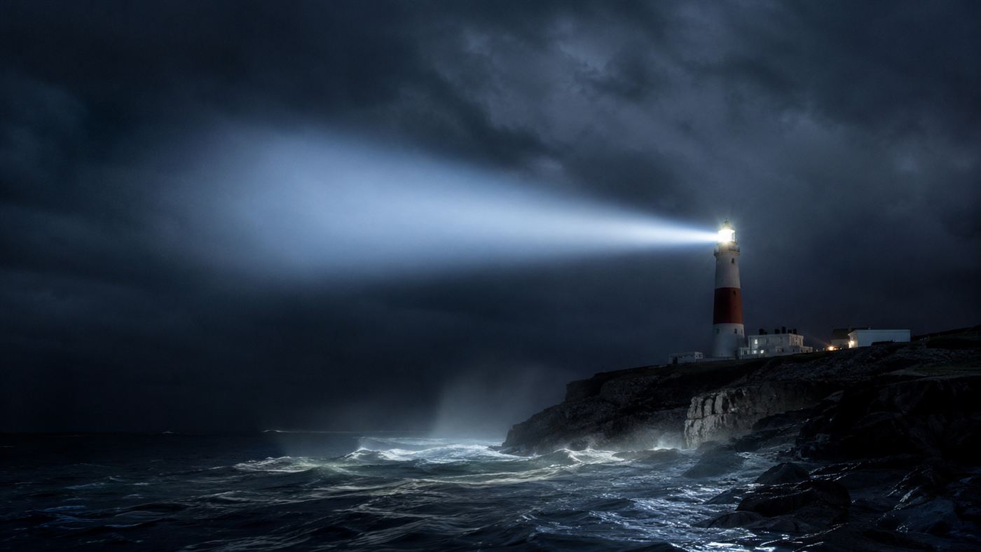 A lighthouse at night casting a strong bright beam of light out over a dark stormy sea