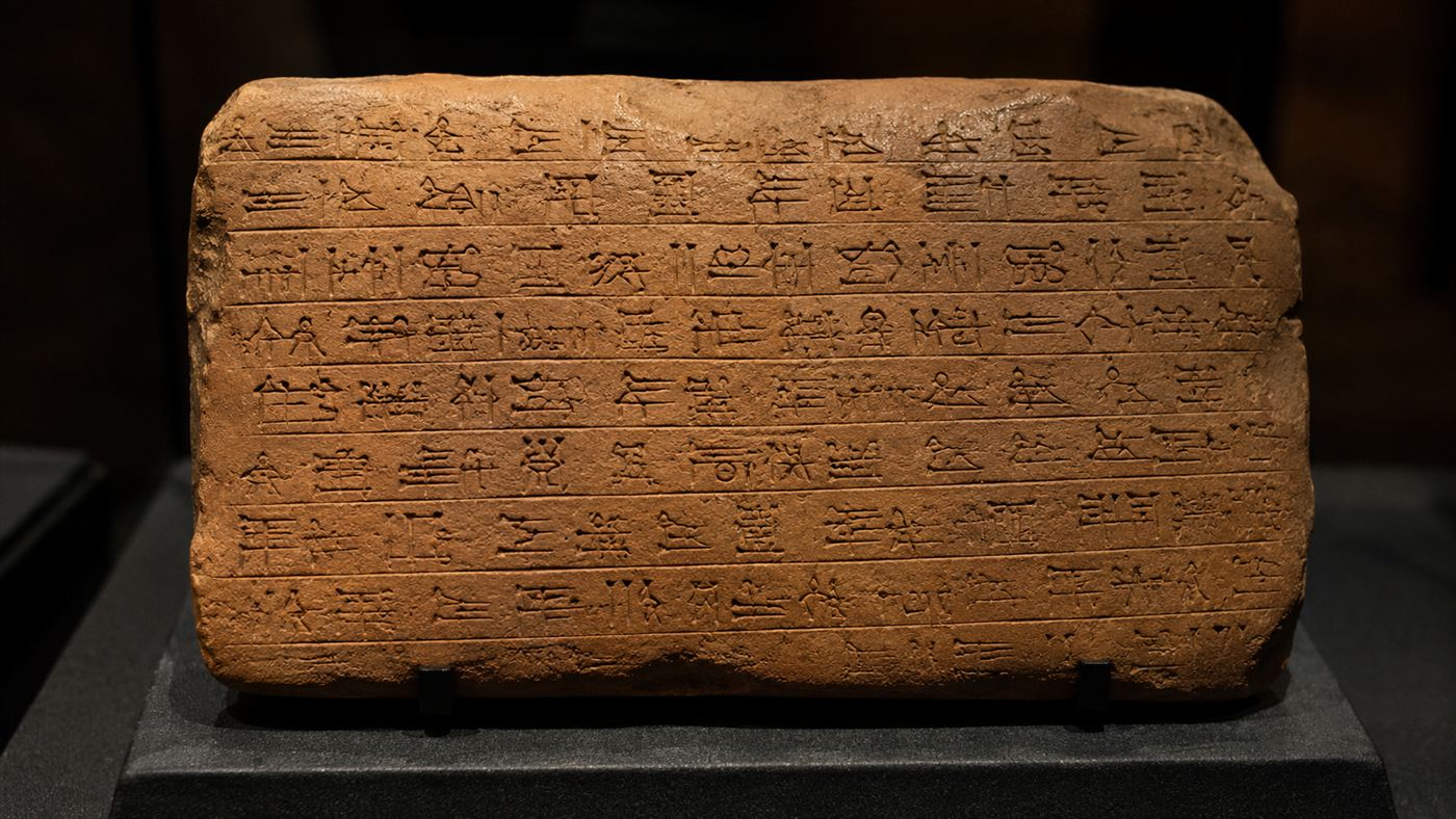 An ancient clay tablet covered in rows of Linear B syllabic symbols