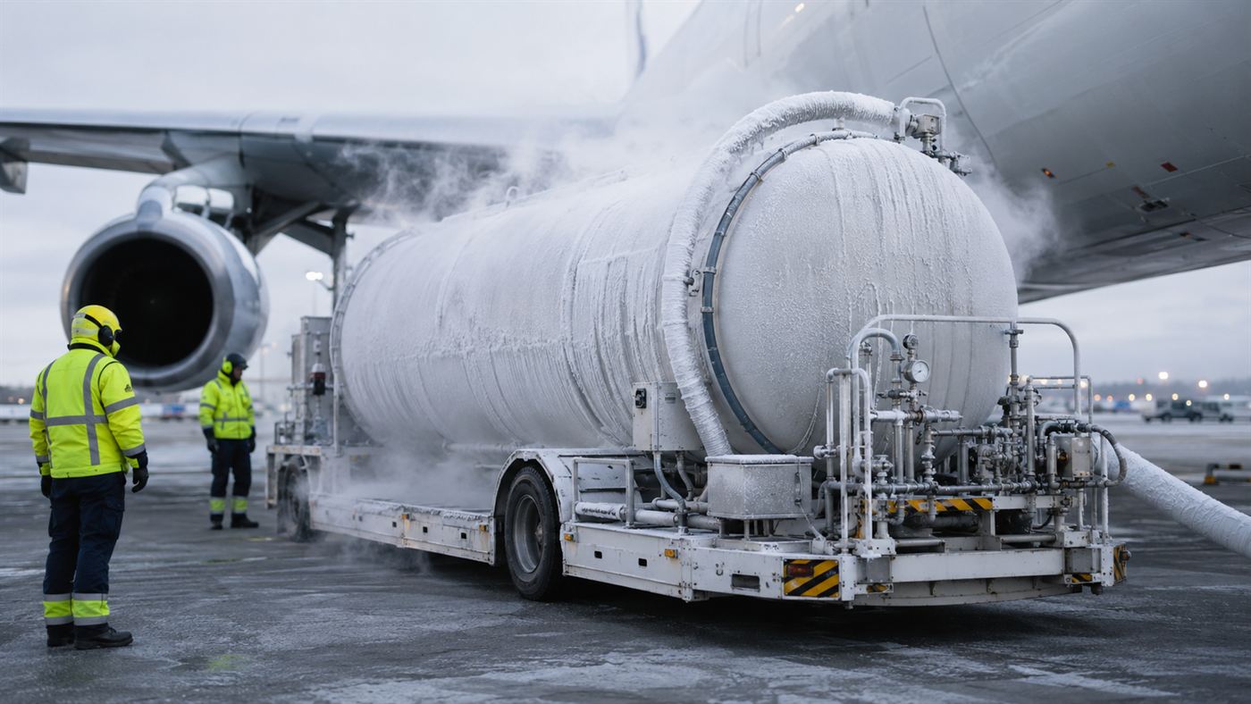 A large insulated cryogenic liquid hydrogen fuel tank being prepared next to an aircraft