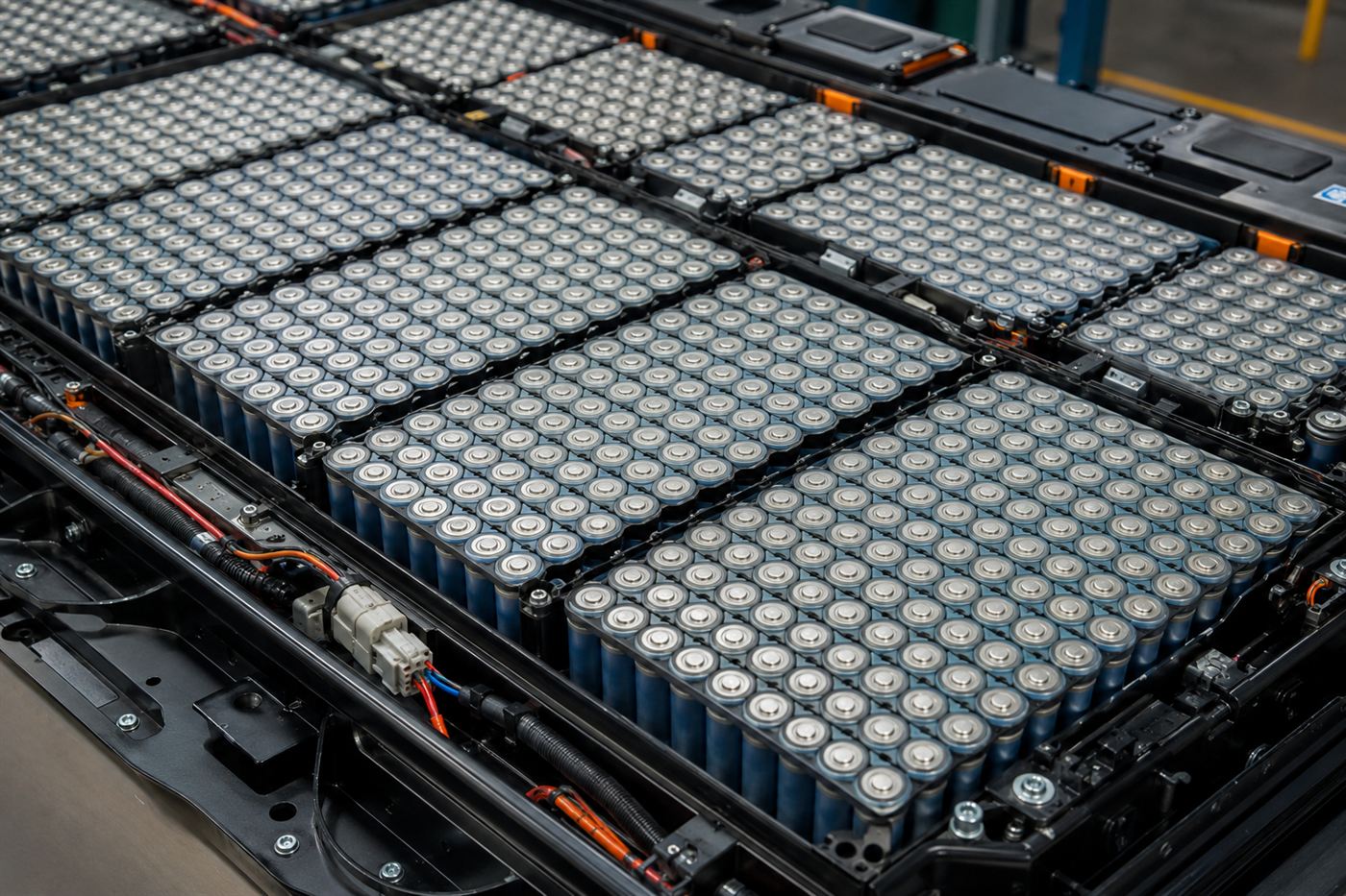 Hundreds of small lithium-ion cells packed into a car battery tray, the approach the tzero pioneered