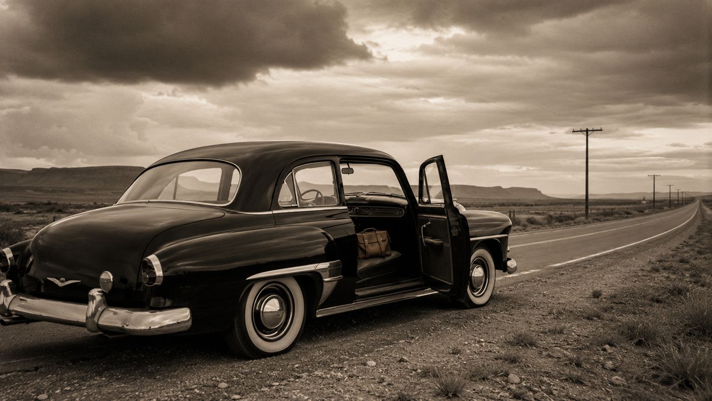 A 1950s doctor's car parked on an open road with a medical bag, evoking Walter Freeman travelling to perform lobotomies
