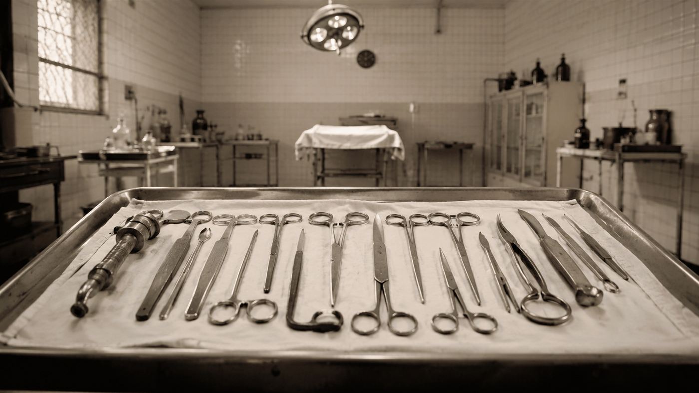 A tray of ominous vintage mid-20th-century steel surgical instruments in a stark clinical setting, evoking the era of the lobotomy