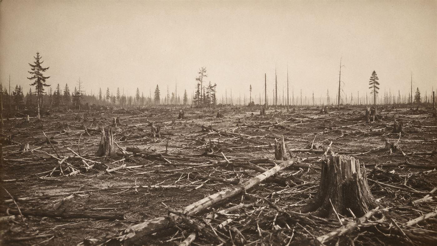 A 19th-century cutover northern forest littered with dry logging debris and stumps under a hazy dry sky