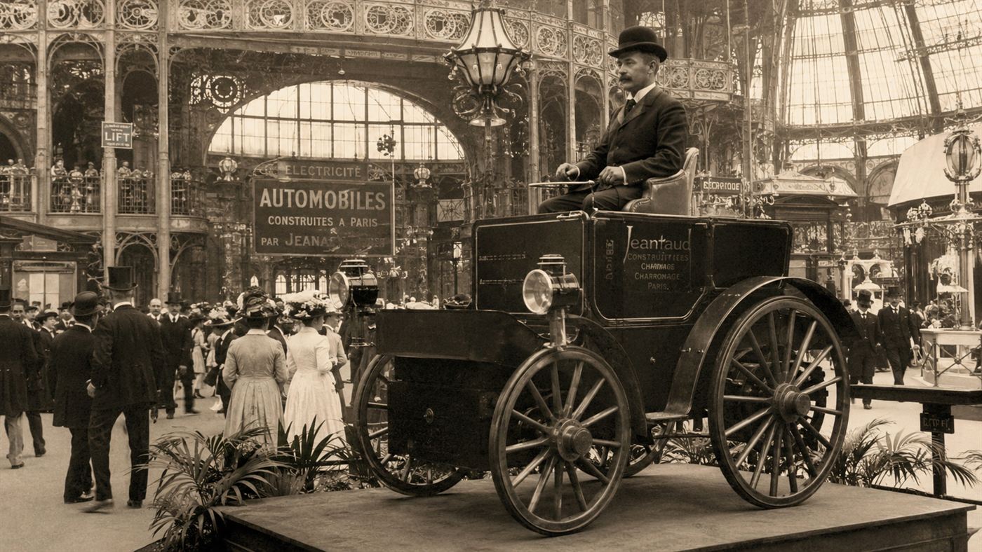 The 1900 Lohner-Porsche electric car displayed at the Paris World's Fair Palace of Electricity