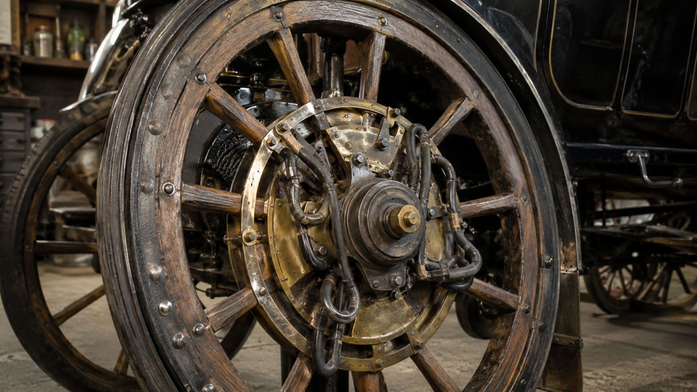 A close view of the wheel-hub electric motor built into the front wheel of the Lohner-Porsche electric car