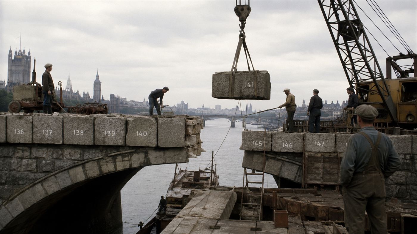 Workers in 1968 dismantling an old granite arch bridge over a river, lifting numbered stone blocks with a crane