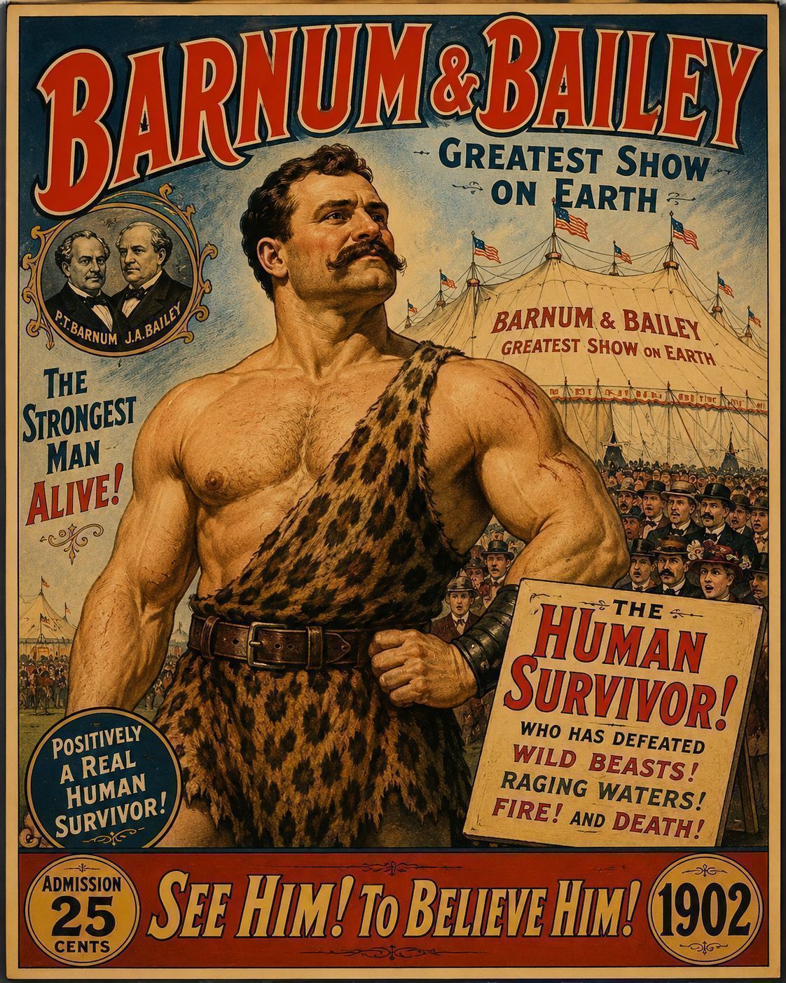 A vintage circus poster in the style of 1902 Barnum and Bailey advertising a survivor from a volcanic disaster, bold theatrical typography and dramatic illustration, American circus art from the early twentieth century