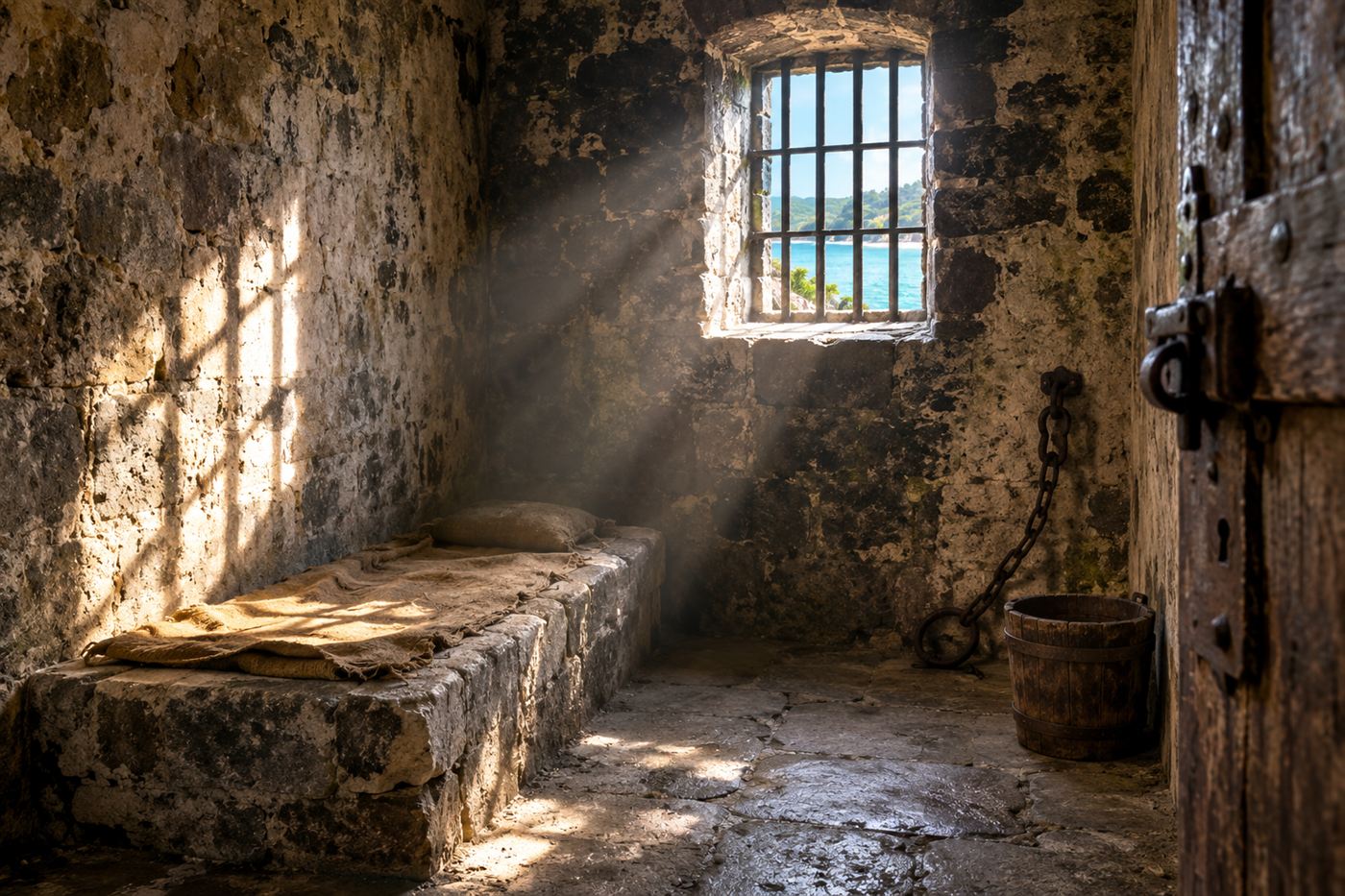 A stone prison dungeon cell interior with thick volcanic stone walls and a small barred ventilation window near the ceiling, dramatic light from the opening, colonial Caribbean architecture circa 1900
