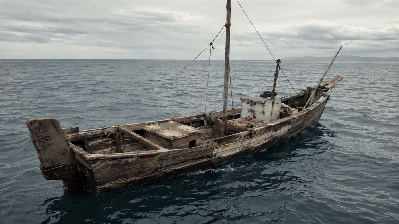 A small old wooden Japanese tuna fishing boat on a grey open ocean under an overcast 1950s sky
