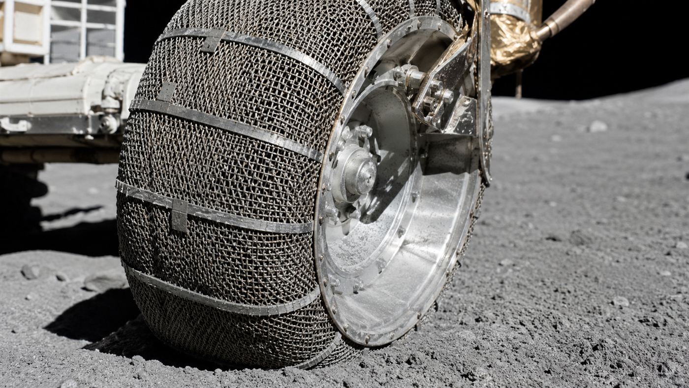 Close-up of the woven wire-mesh wheel of the Apollo Lunar Rover resting on grey lunar dust