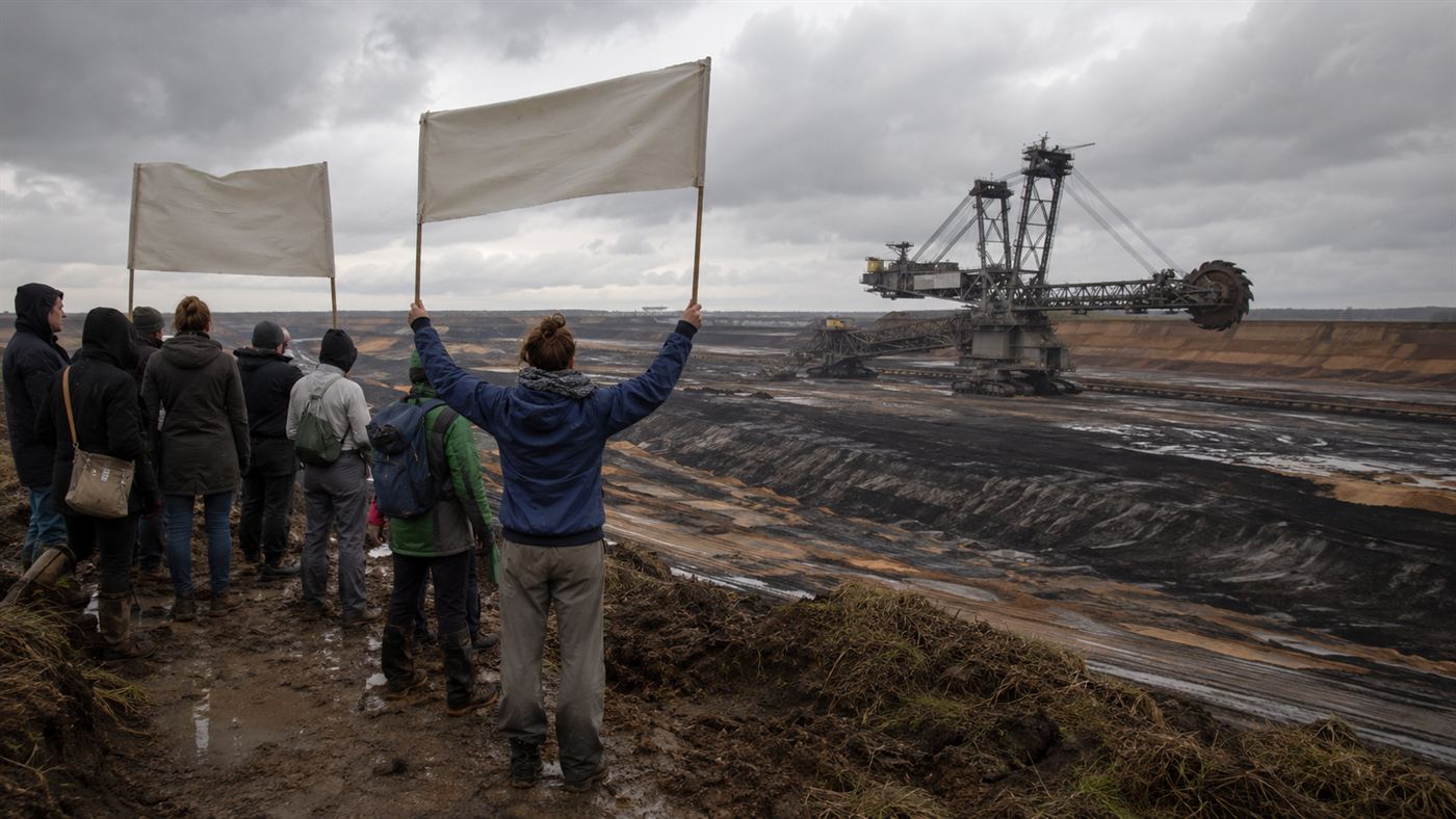 Climate activists at the edge of the Garzweiler open-pit coal mine near Lützerath, a giant excavator behind them