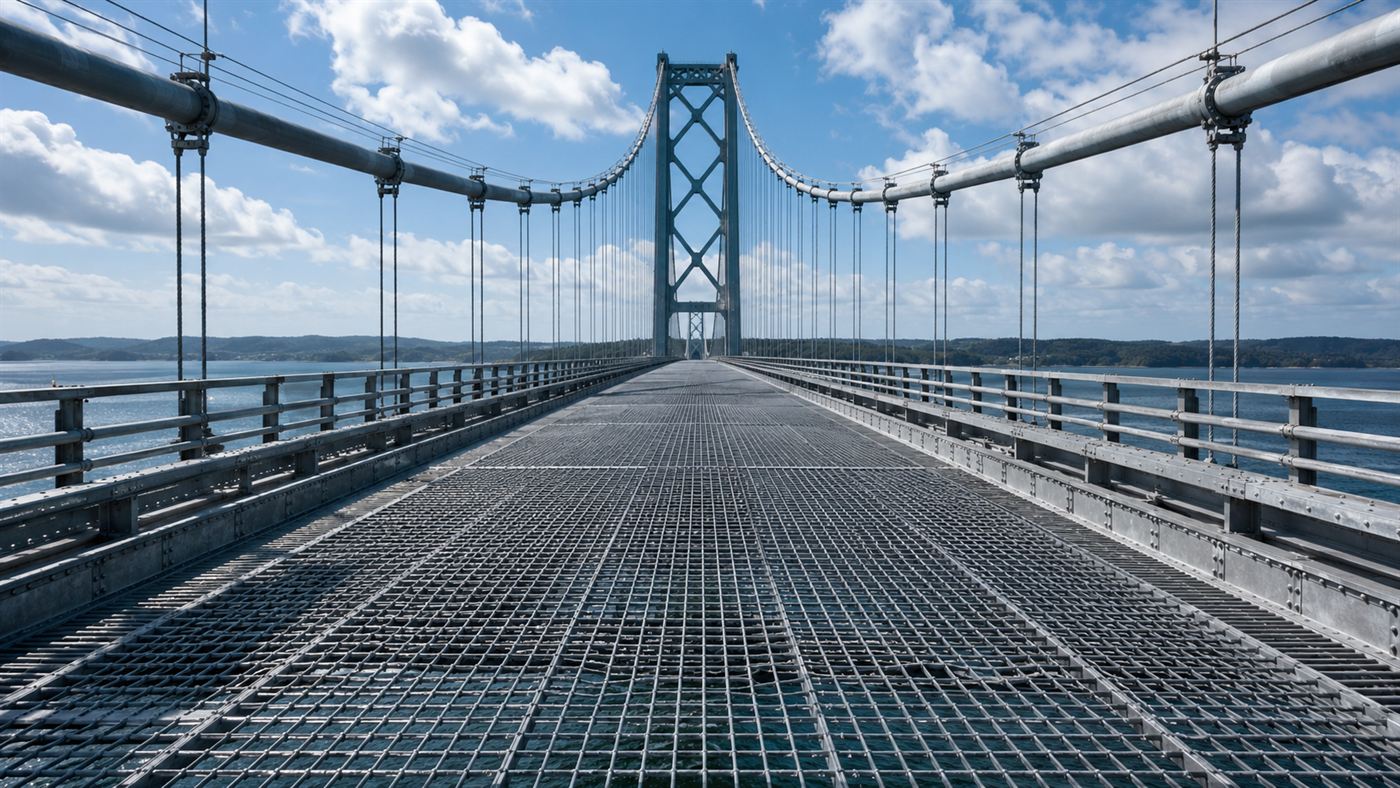 Looking along the open steel-grid center roadway of the Mackinac Bridge, wind able to pass through the deck between the towers