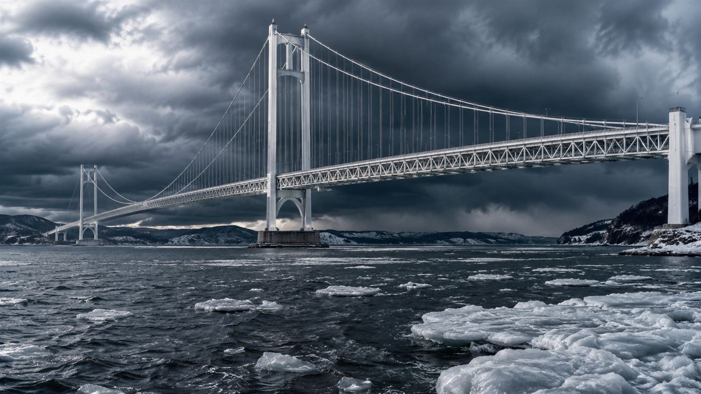 The Mackinac Bridge standing firm over grey choppy water and drifting ice under a stormy winter sky in Michigan