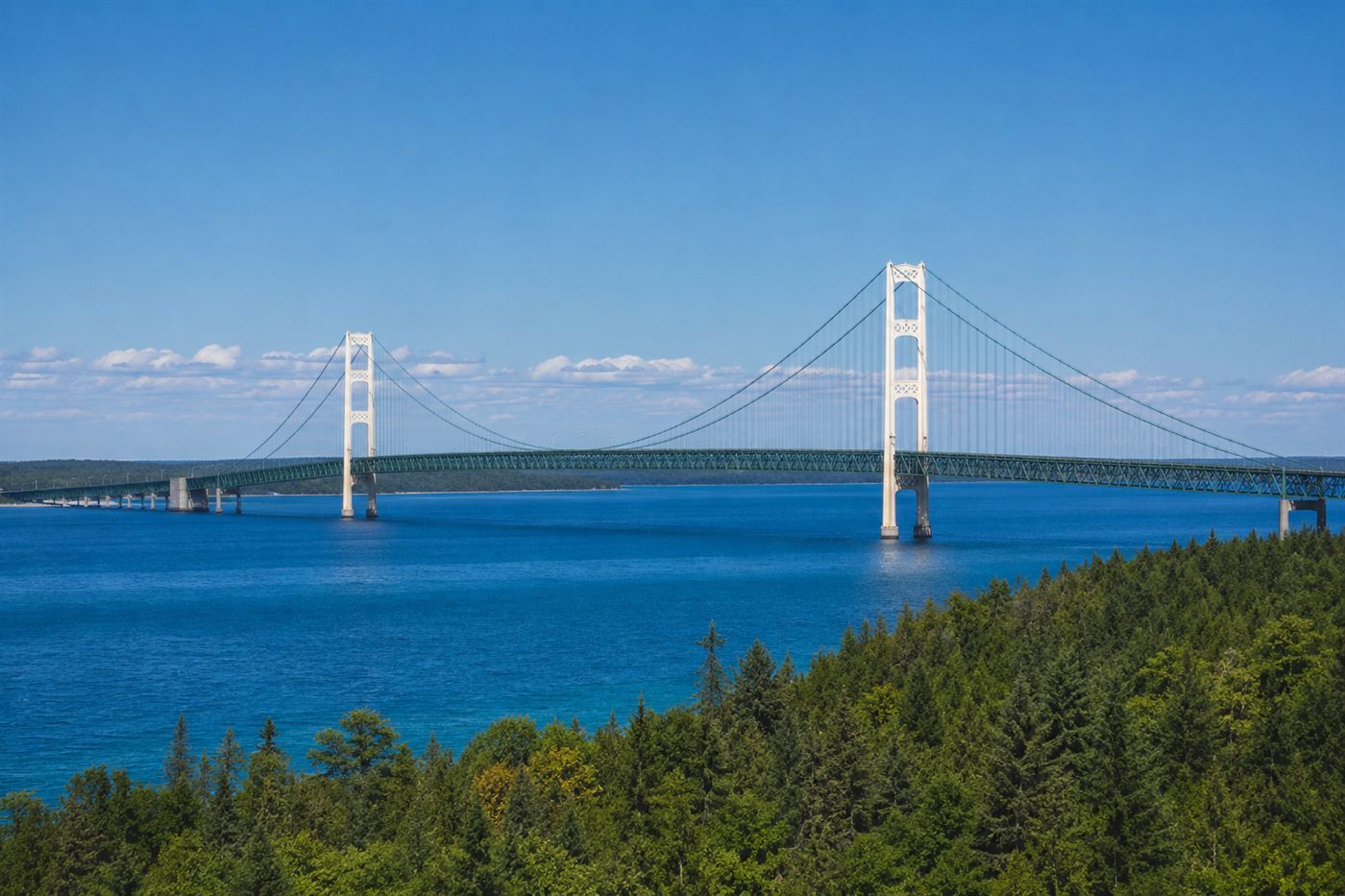 The Mackinac Bridge, a long white suspension bridge with two tall towers, spanning the blue Straits of Mackinac in Michigan under a bright sky