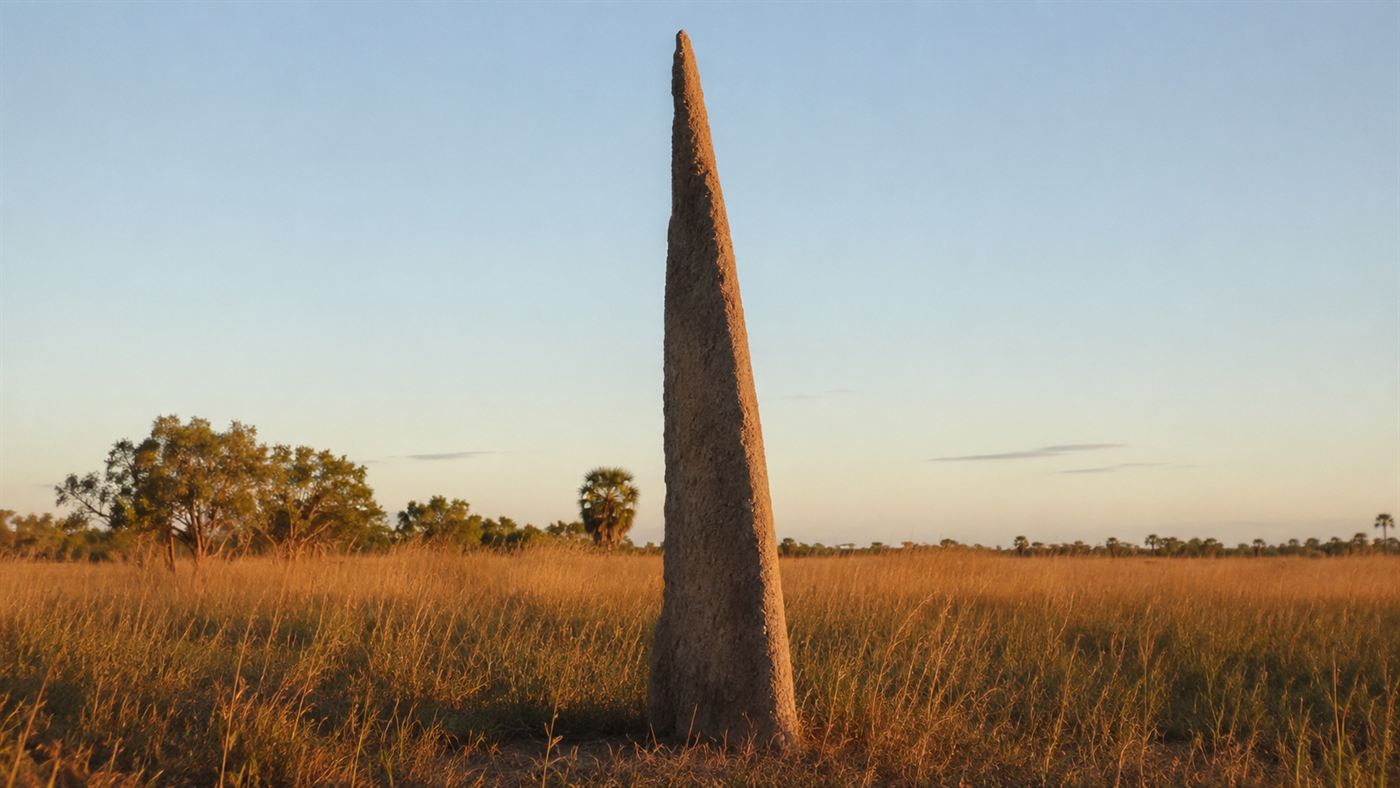 A single tall flat wedge-shaped termite mound seen edge-on against the sky