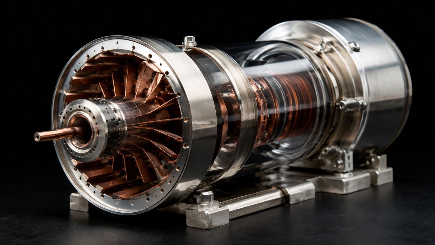 A close-up of a metallic magnetron vacuum tube with copper fins and cavities, the component at the heart of radar and microwaves