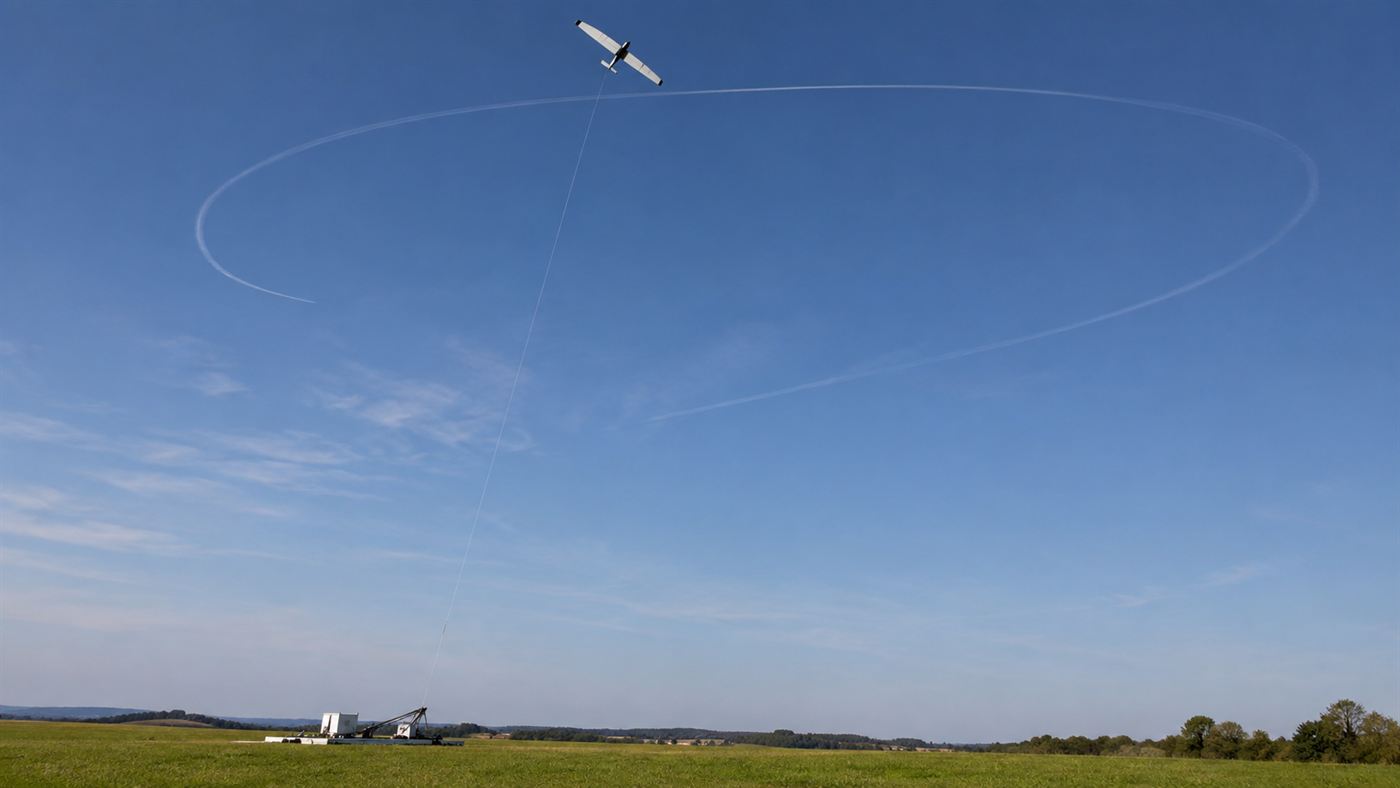 The Makani energy kite tracing a wide looping crosswind path high in the sky, tethered to a ground station below