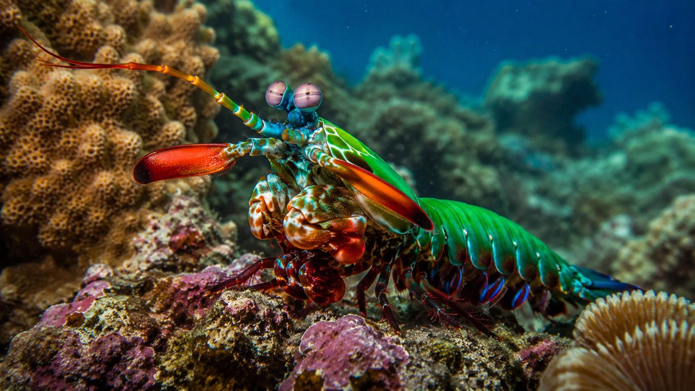 A vividly colored peacock mantis shrimp with bright green, red and blue body and large eyes on a coral reef
