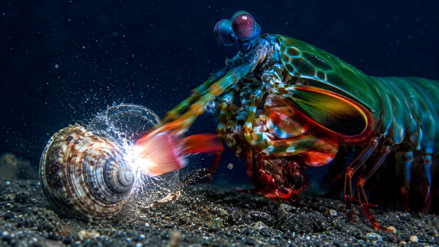 A mantis shrimp striking a snail shell with a flash of light from a collapsing cavitation bubble underwater
