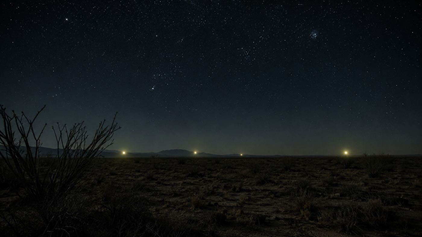 The Marfa lights, small mysterious glowing orbs hovering on the dark horizon of the flat west Texas desert under a starry sky