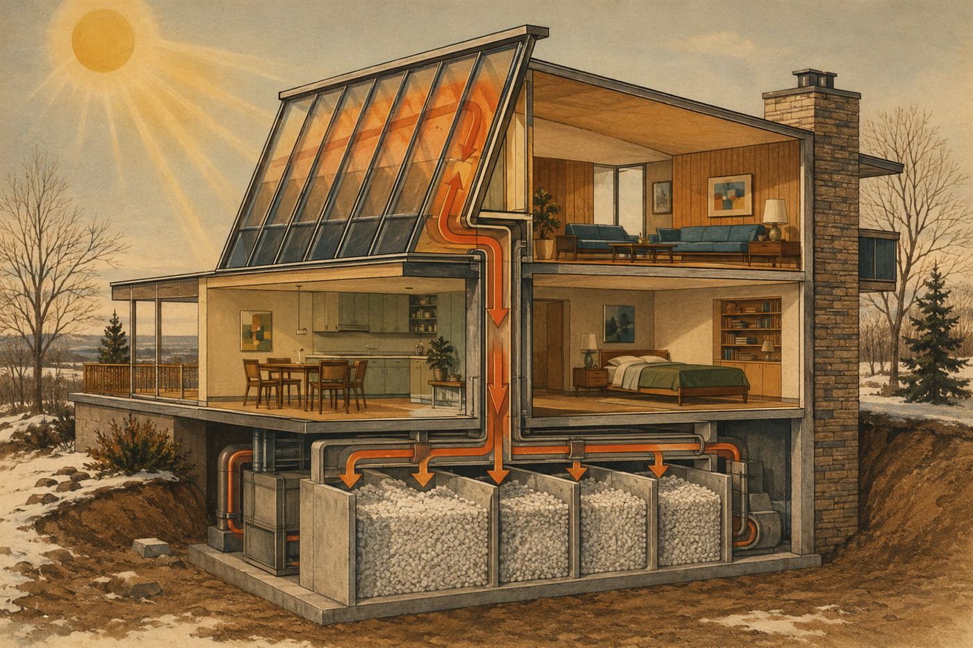 A cutaway diagram of the 1948 solar house heating system feeding warm air into salt storage bins