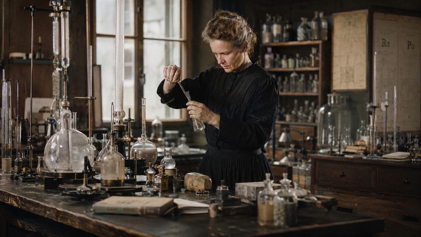 Marie Curie in her Paris laboratory working with radioactive materials without protective equipment in the early 1900s when radiation dangers were unknown