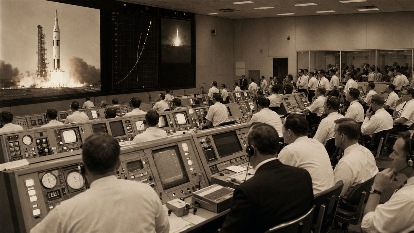 Engineers in white shirts at 1960s NASA mission control consoles watching data during the Mariner 1 launch in 1962