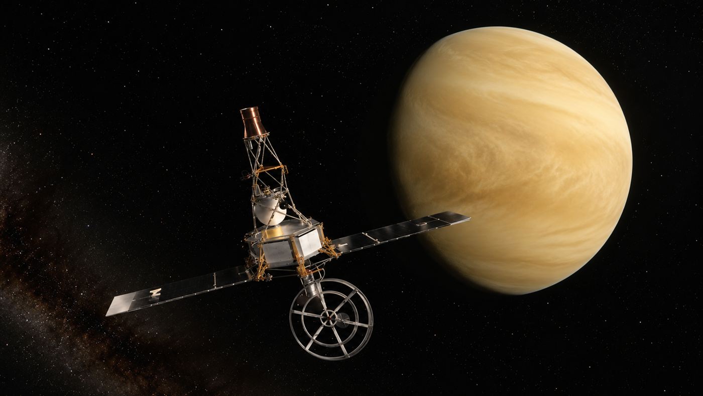 The Mariner 2 spacecraft with its solar panels extended approaching the bright cloud-covered planet Venus in deep space in 1962
