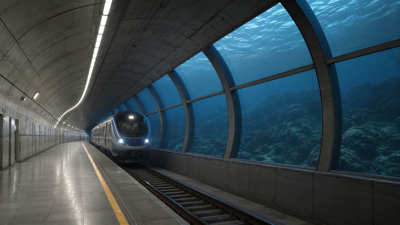 A modern commuter train emerging from the deep Marmaray tunnel under the Bosphorus between Europe and Asia