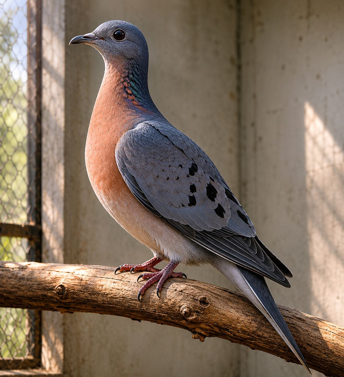 Martha the last passenger pigeon, a blue-grey bird with russet breast, perched alone on a simple wooden branch in a zoo enclosure, Cincinnati Zoo 1914, soft natural light, detailed bird portrait