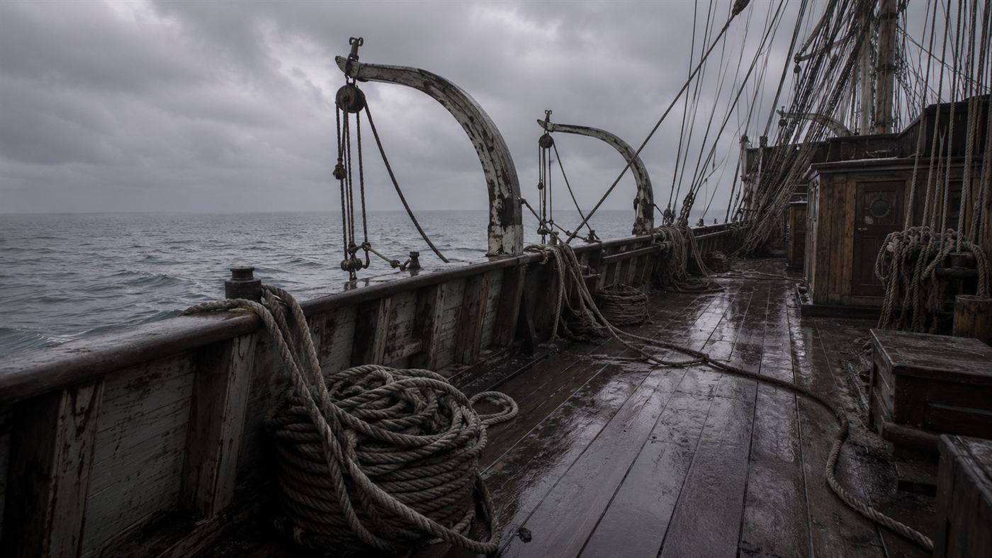 The deserted deck of the Mary Celeste with trailing rope and empty lifeboat davits
