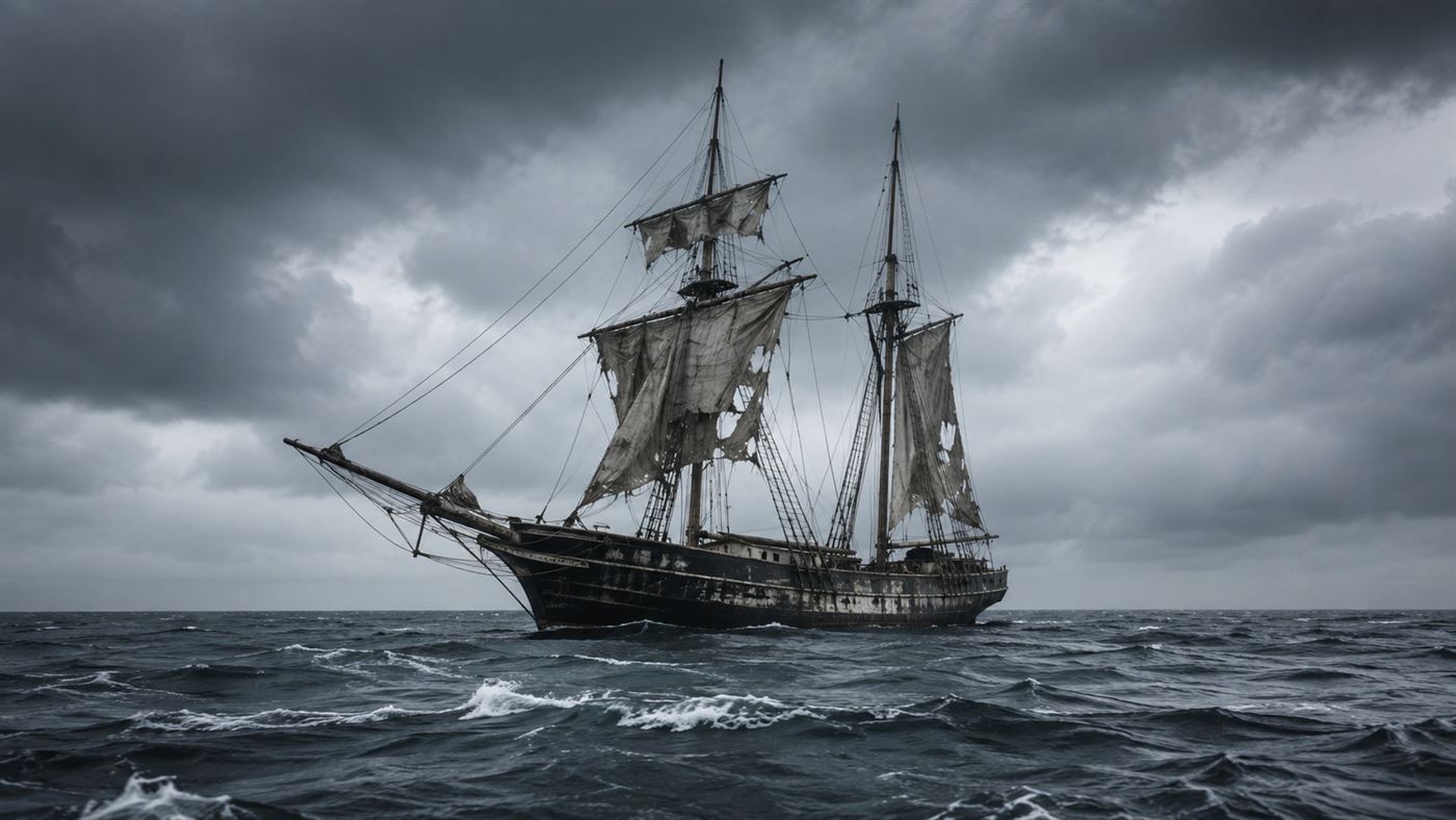 The Mary Celeste, a two-masted brigantine, drifting deserted on a grey Atlantic under partial sail