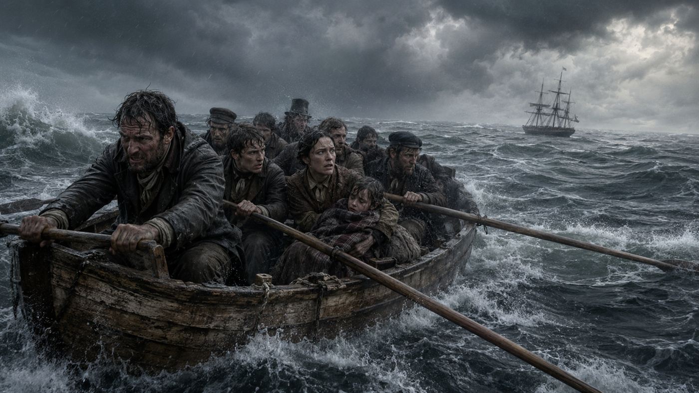 An overcrowded 19th-century lifeboat rowing away from a ship on a rough grey sea